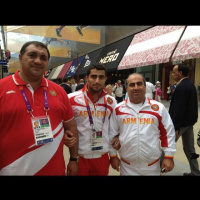 Armenian weightlifting team Arakel Mirzoyan, gold-medalist father and coach Hoksen and President of Armenian Weighlifting Federation Samvel Khachatryan