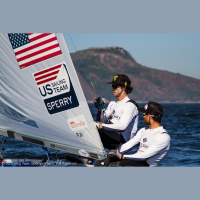 The USAs Dave Hughes on a winning streak in the mens 470 Olympic Class