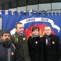 Cllr Peter John at protest against police and fire cuts outside City Hall