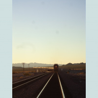 Train passing by in the desert, close to the Bagdad ghost town in California (USA)