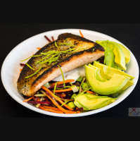 Salmon with avocado and beetroot coleslaw