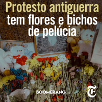 T8E20: Protesto antiguerra tem flores e bichos de pelúcia